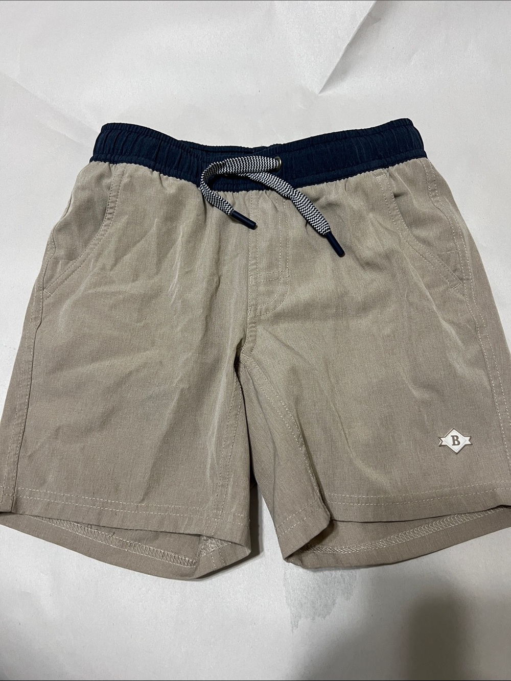 BURLEBO Khaki Youth Shorts Navy Waistband w/ Drawstring Palm Beach Shorts Lining
